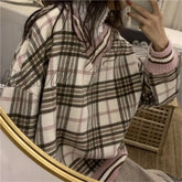 Hnewly Loose Chic Plaid Spring Hoodies New Korean V-Neck Tops Ins Harajuku Vintage Bf Simple
